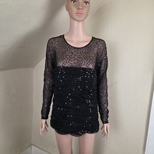 Tadashi Shoji Black Sheer Sequin Lace Ruched Tunic Mini Dress L  Party